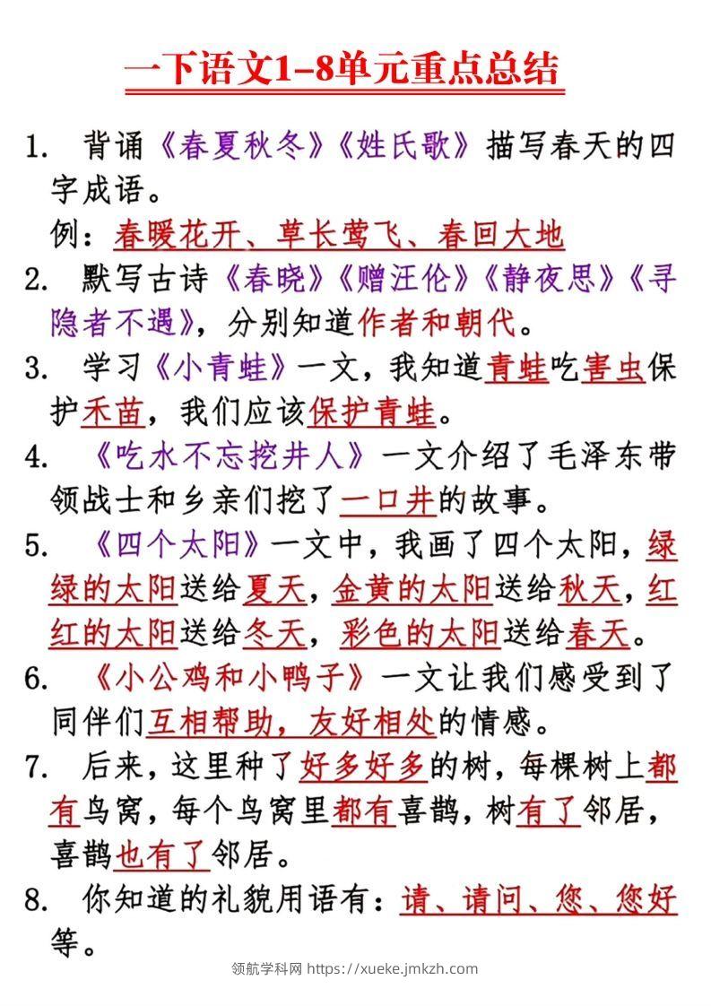 【1-8单元重点总结】一下语文-领航学科网