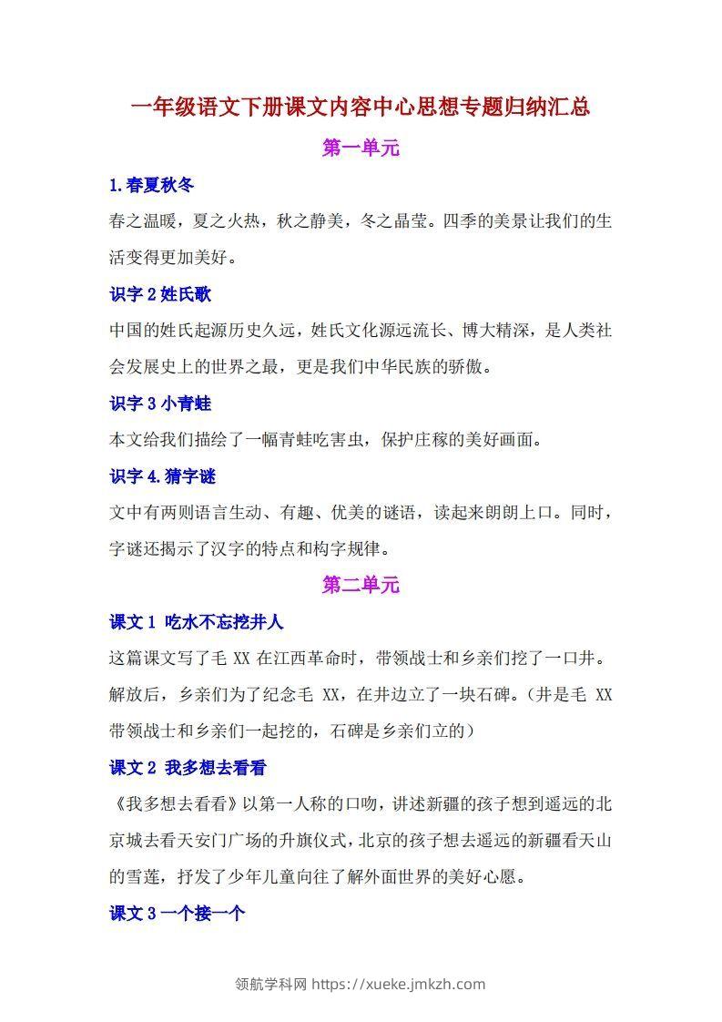 一年级语文下册课文内容中心思想专题归纳汇总-领航学科网