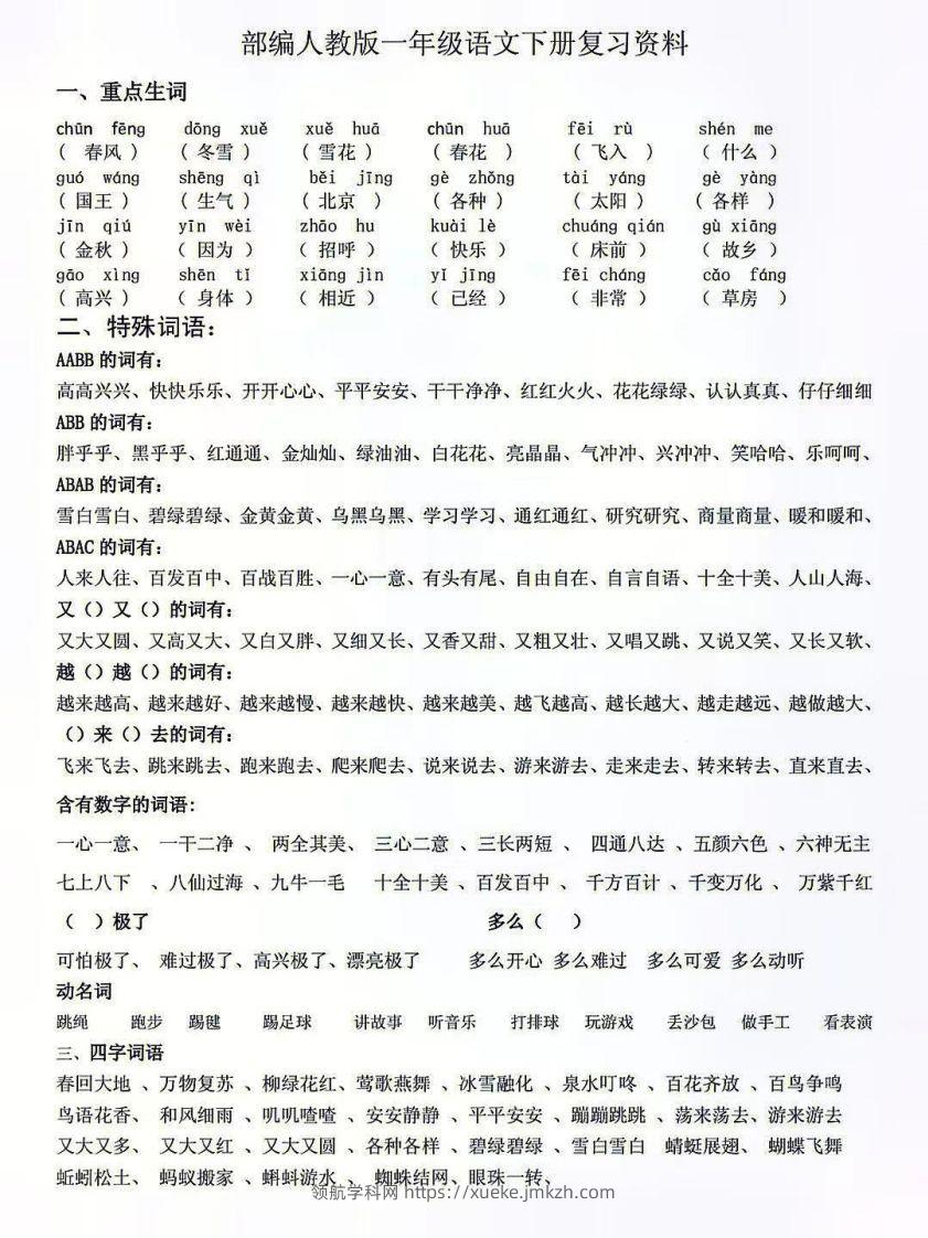 人教版一年级语文下册复习资料-领航学科网