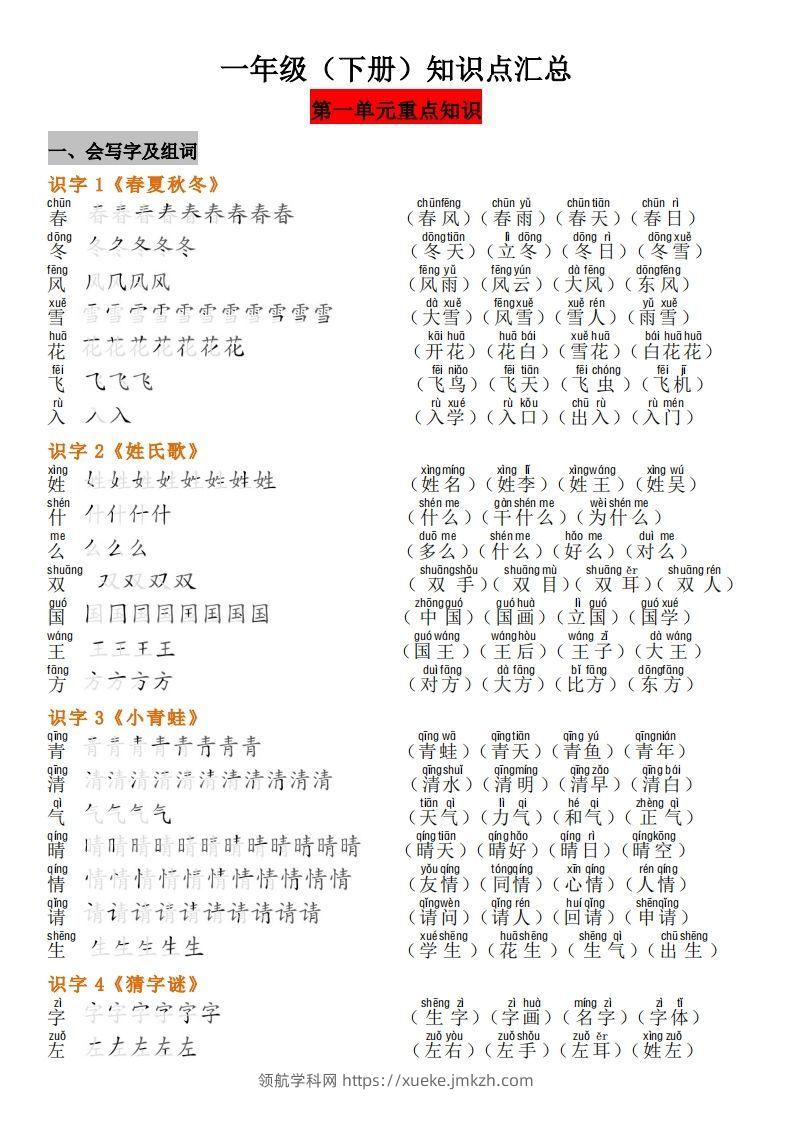 一年级（下册）知识点汇总-领航学科网
