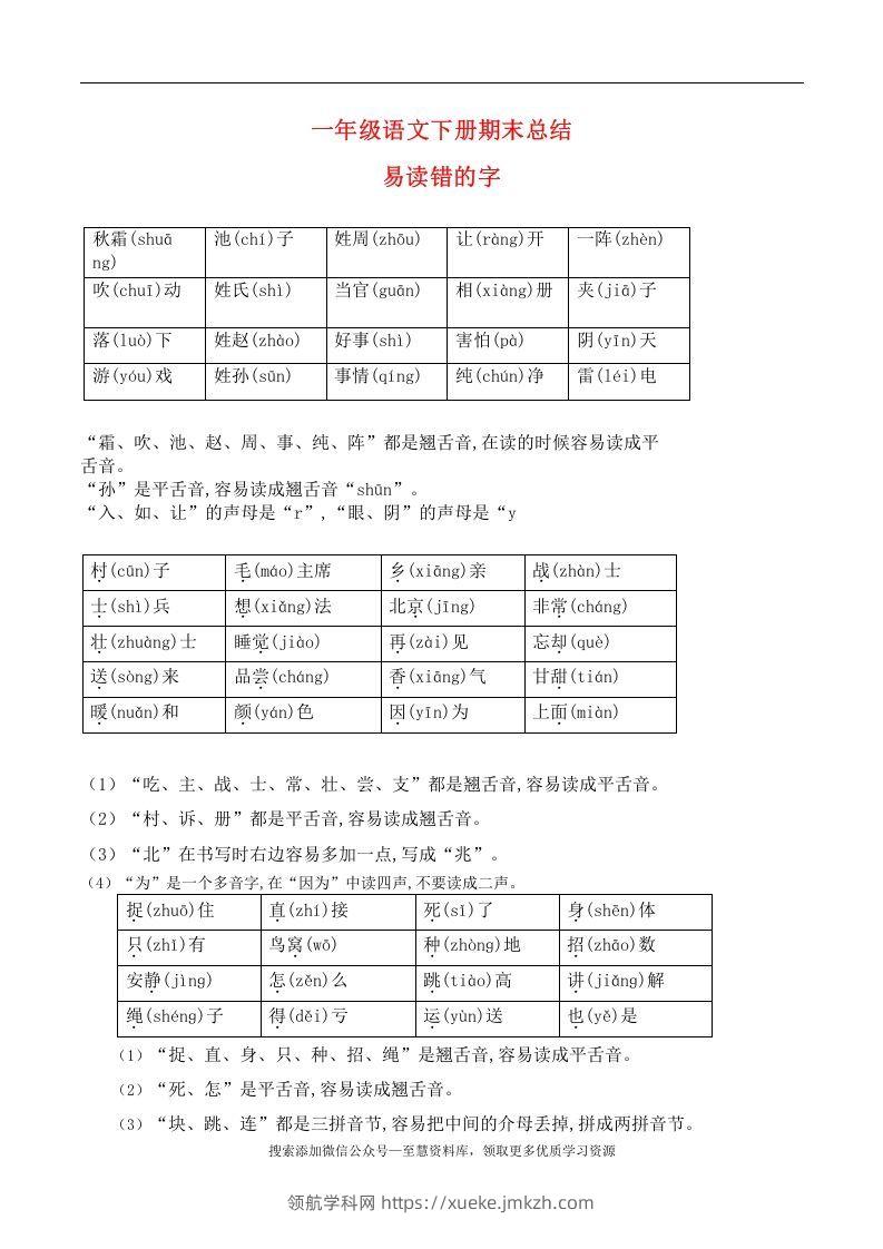 一年级语文下册期末总结—易读（写）错的字-领航学科网