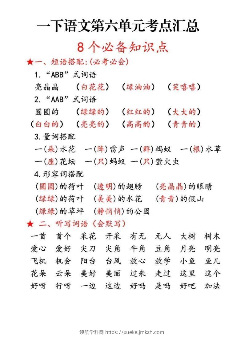 一下语文第六单元考点汇总-领航学科网