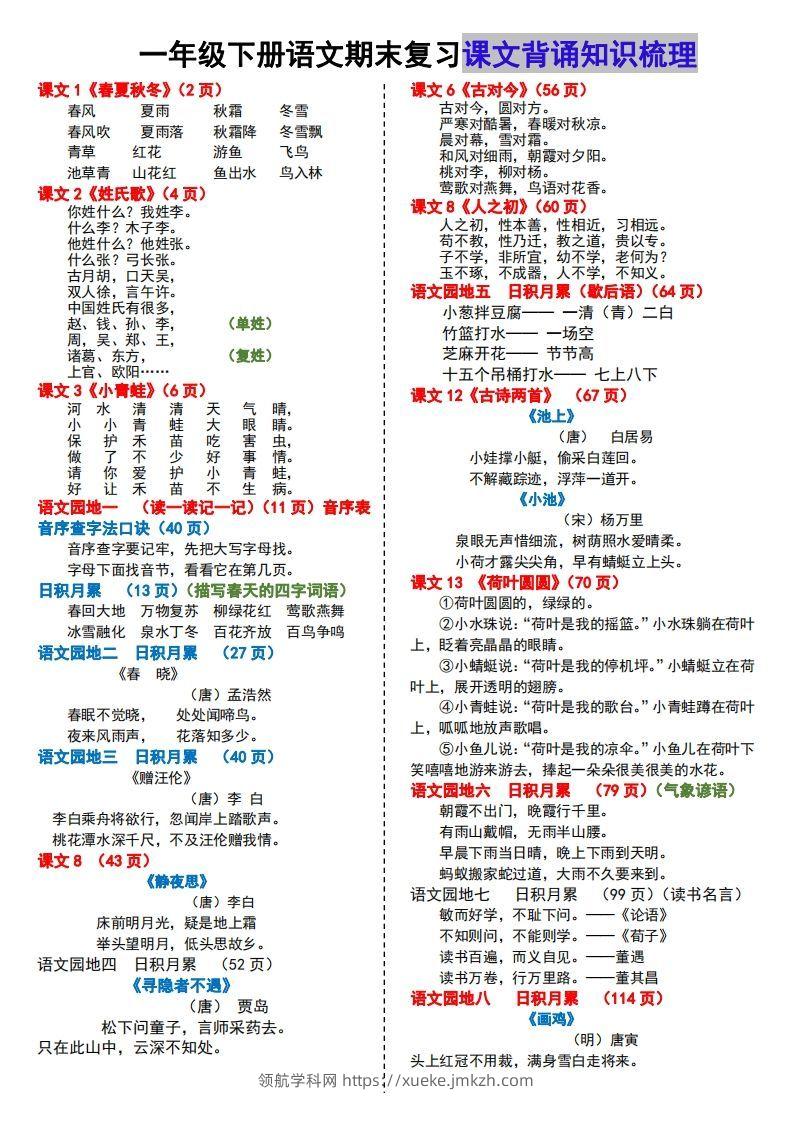 【课文背诵知识梳理】期末复习-领航学科网