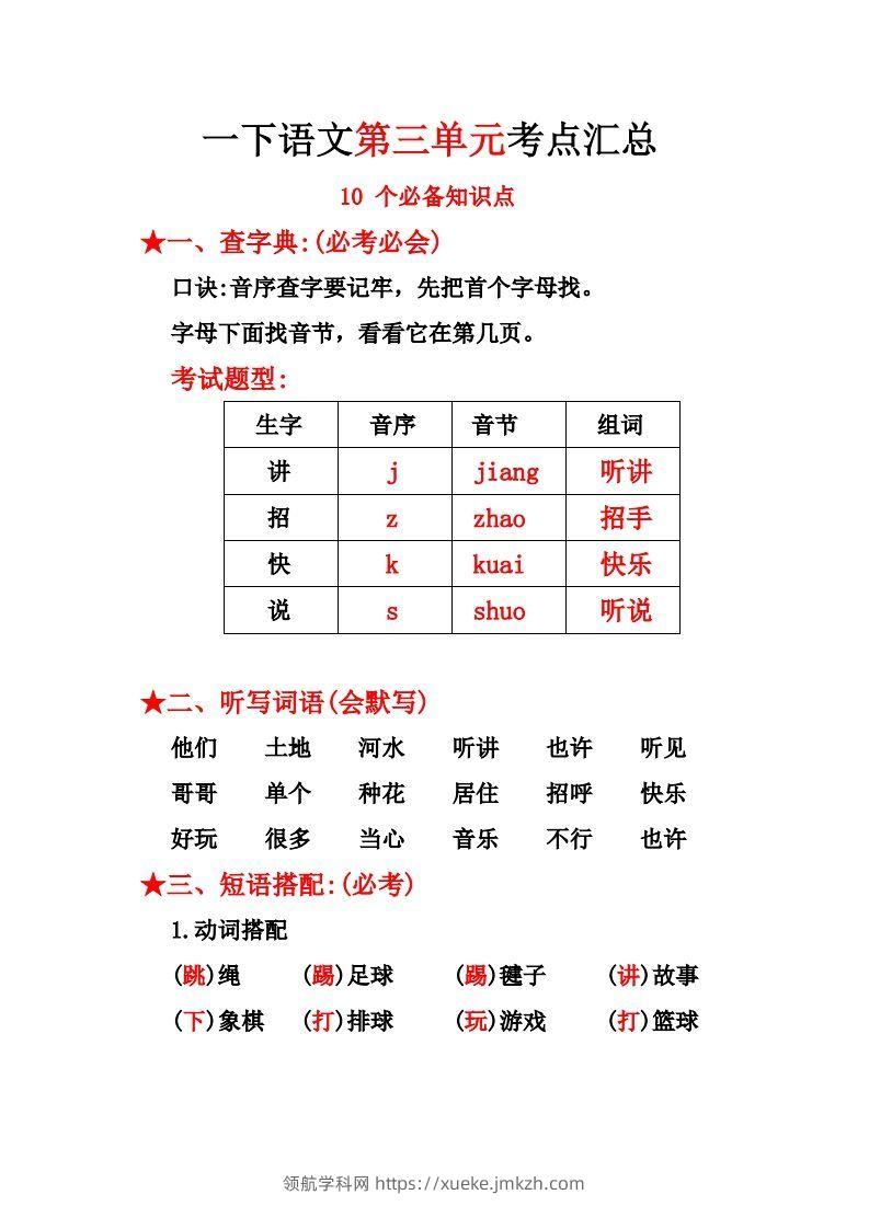 一下语文第三单元10个必备知识点-领航学科网
