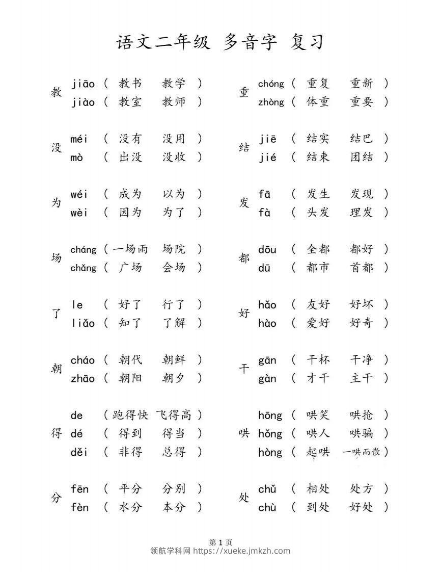 二下语文【多音字汇总归纳】-领航学科网
