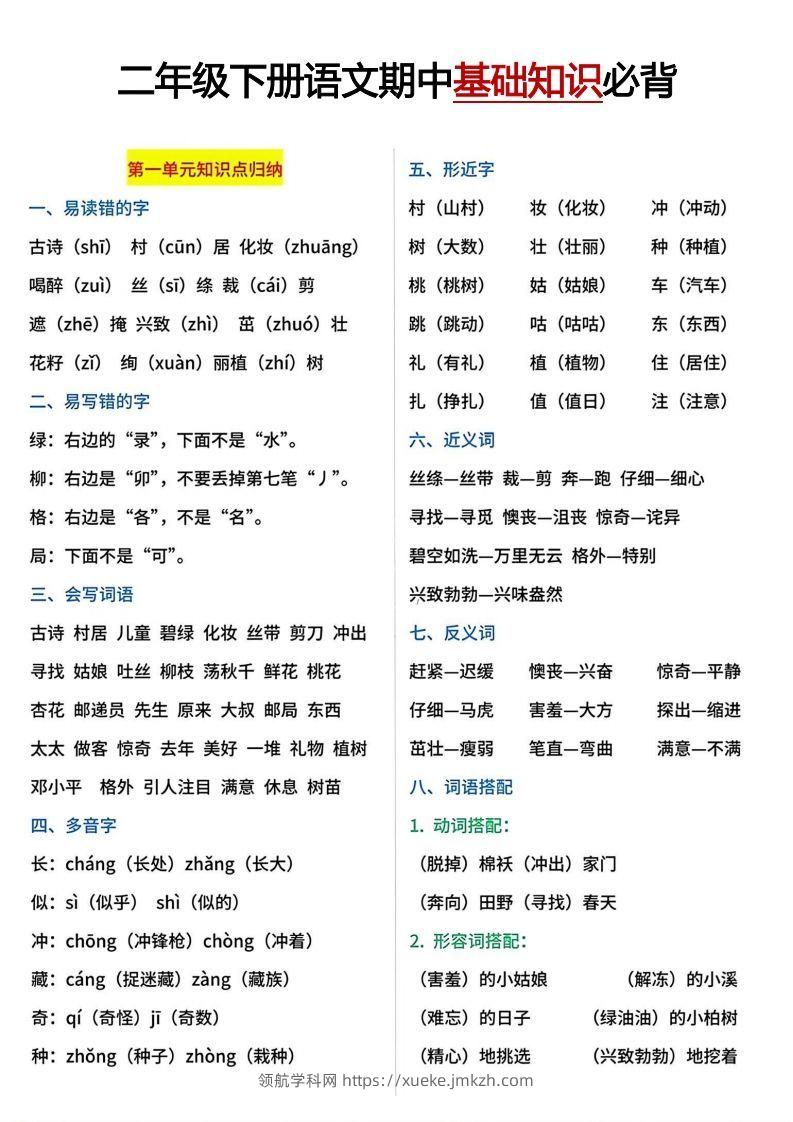 二年级下册期中基础知识必背-领航学科网