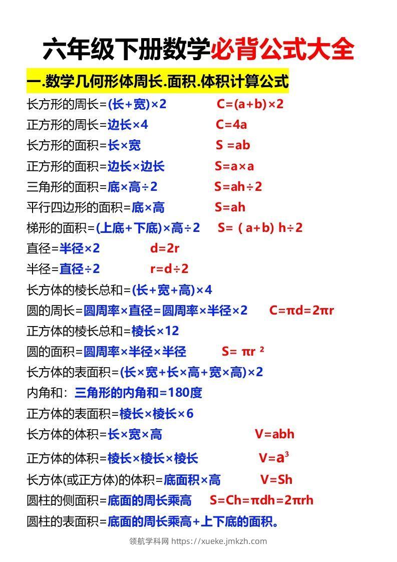 六年级下册数学必背公式大全-领航学科网