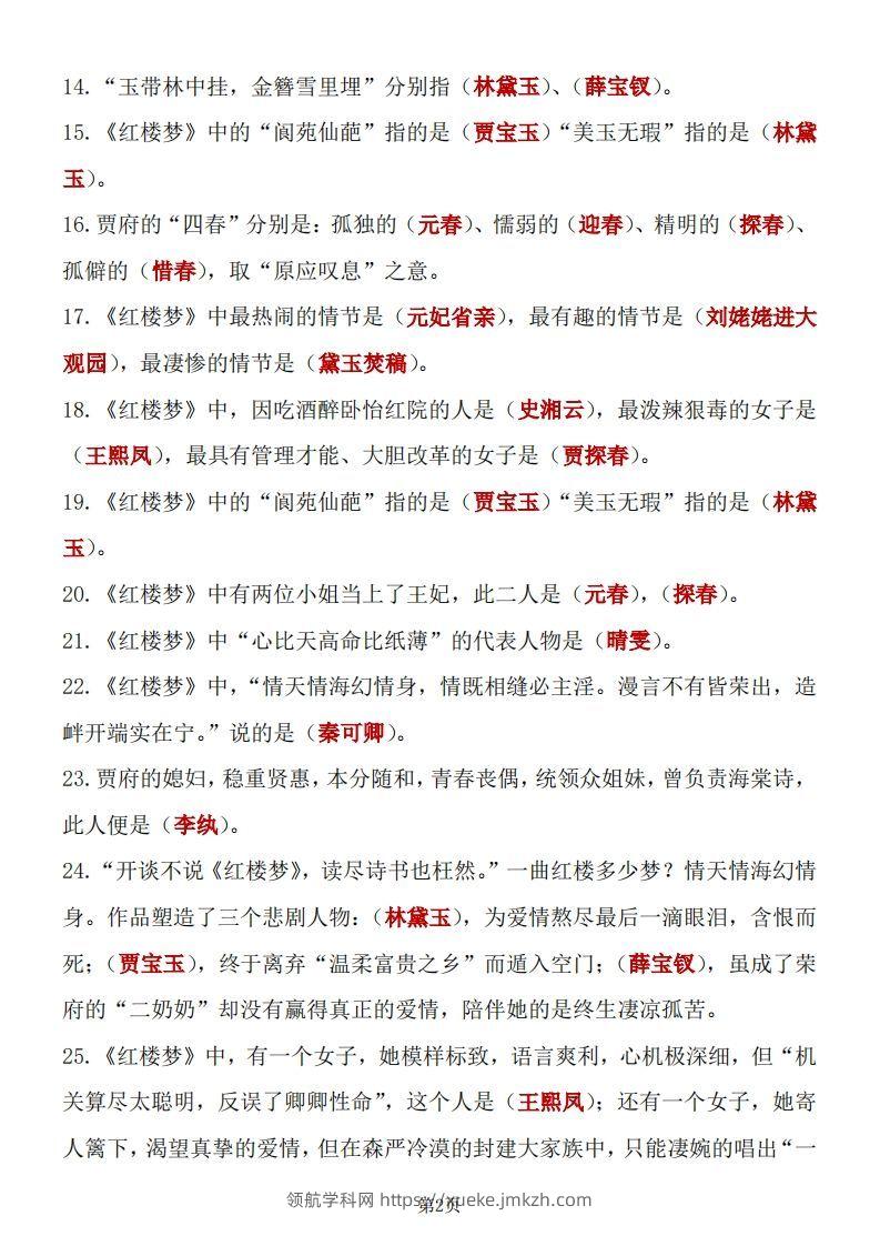 图片[2]-四大名著知识点汇总之《红楼梦》-领航学科网
