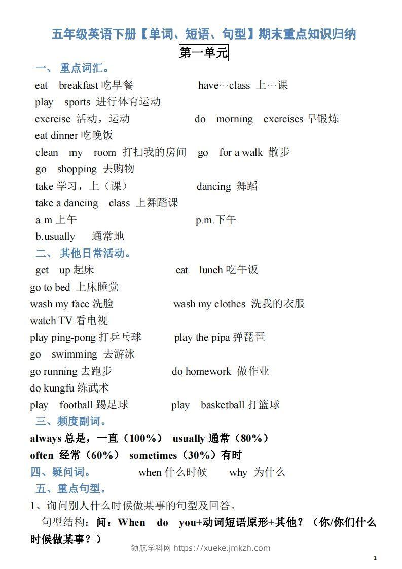 五年级英语下册素材-单词、短语、句型期末重点知识归纳（人教PEP版）-领航学科网