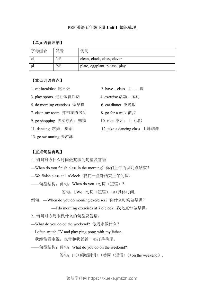 五年级英语下册单元知识梳理-Unit1Myday（人教PEP版）-领航学科网