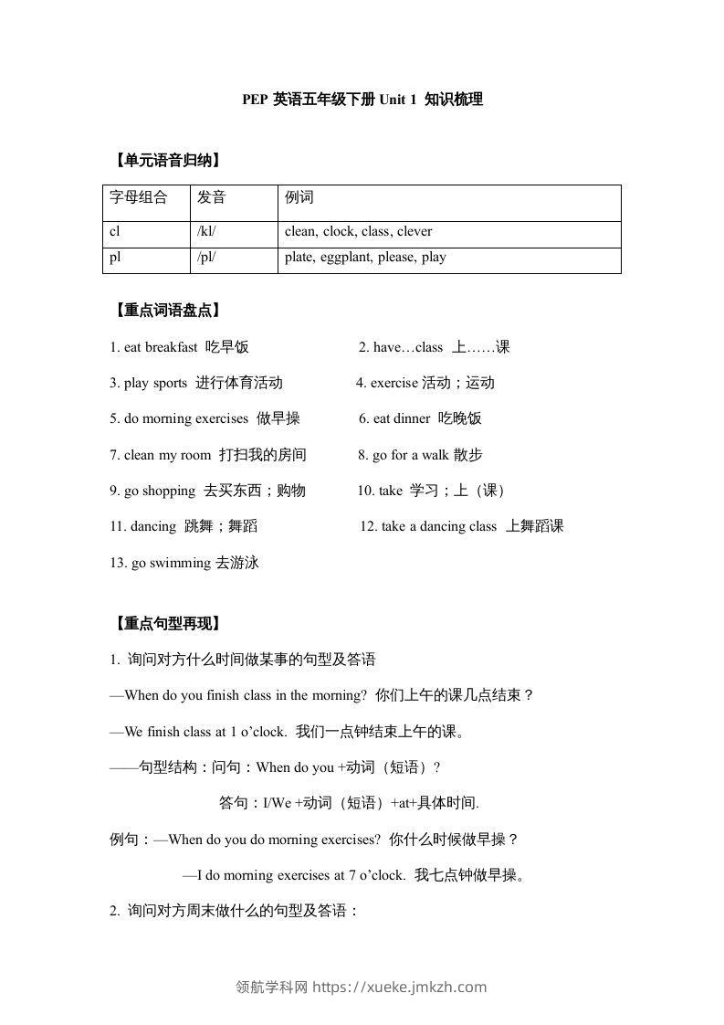五年级英语下册【完美】单元知识梳理-Unit1Myday（人教PEP版）-领航学科网