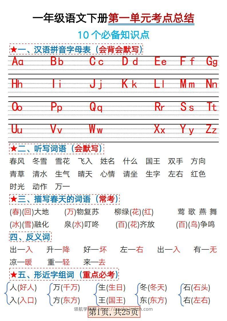 ★3.7一年级语文下册1-4单元考点总结-领航学科网