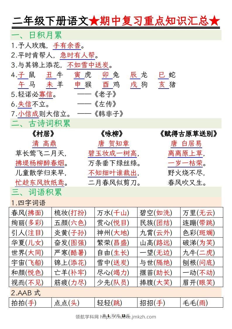 【语文】二年级下册语文期中重点知识汇总(1)-领航学科网