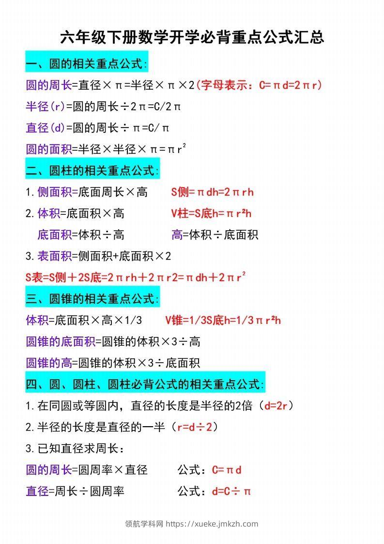 六年级下册数学必背重点公式汇总-领航学科网