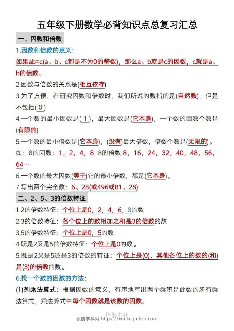 数学五年级下册必背知识点汇总-领航学科网