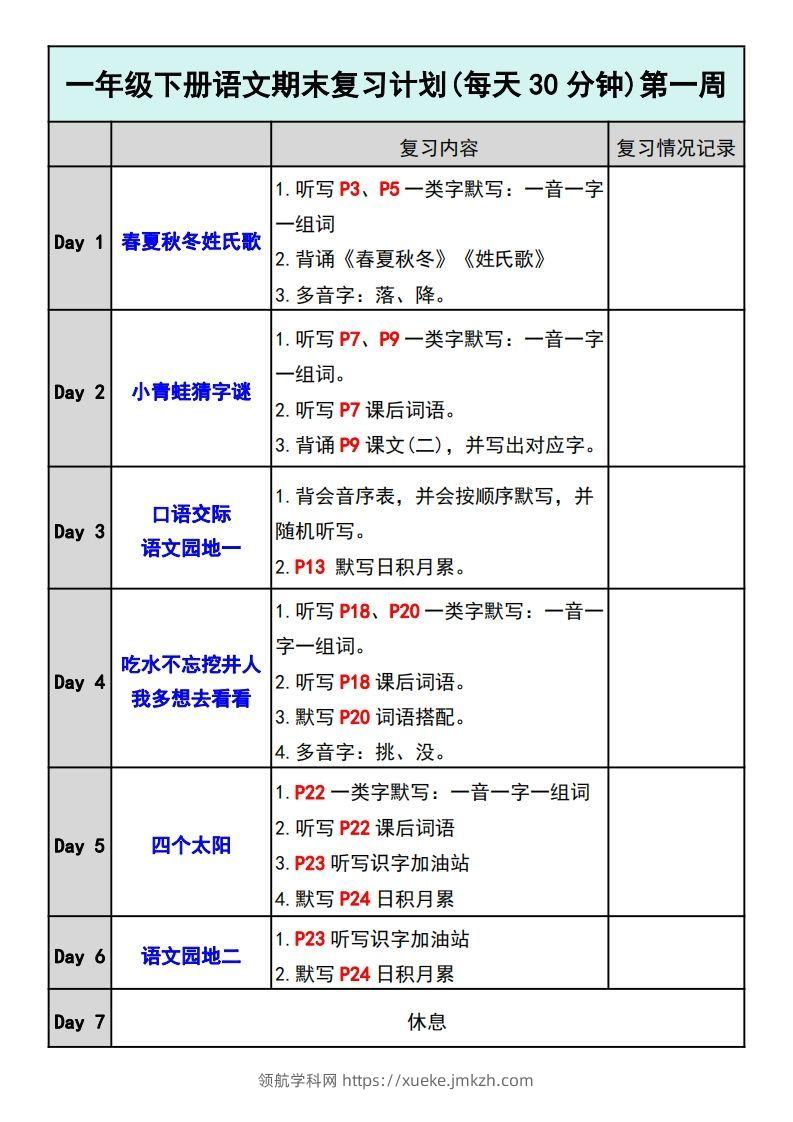 —年级下册语文期末复习计划-领航学科网