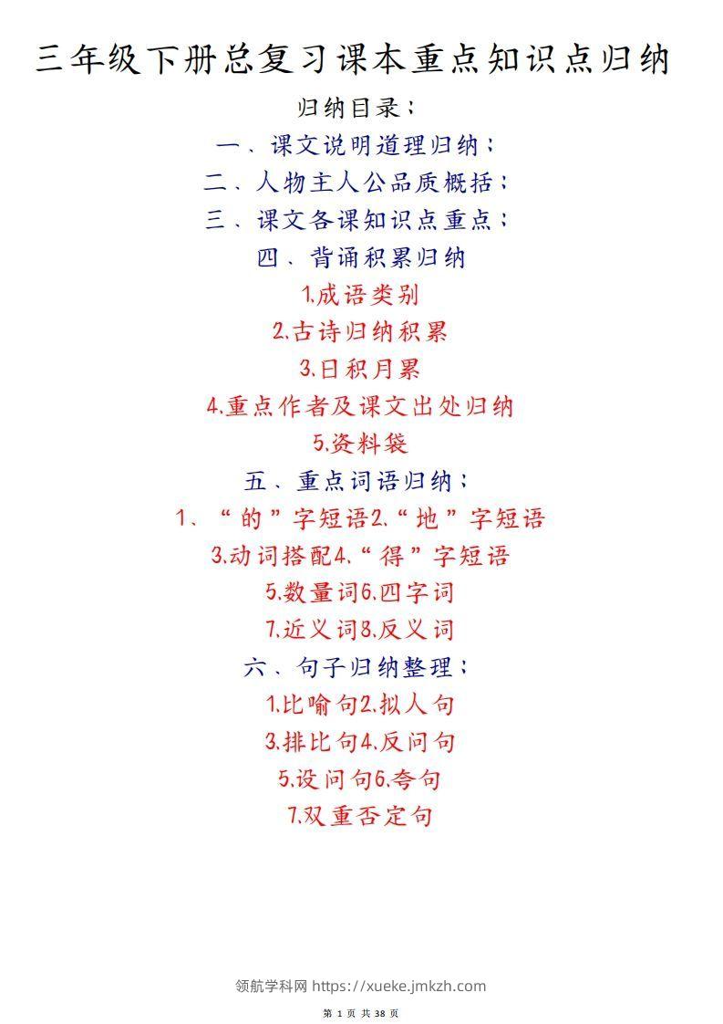 期末复习重点知识汇总三下语文-领航学科网