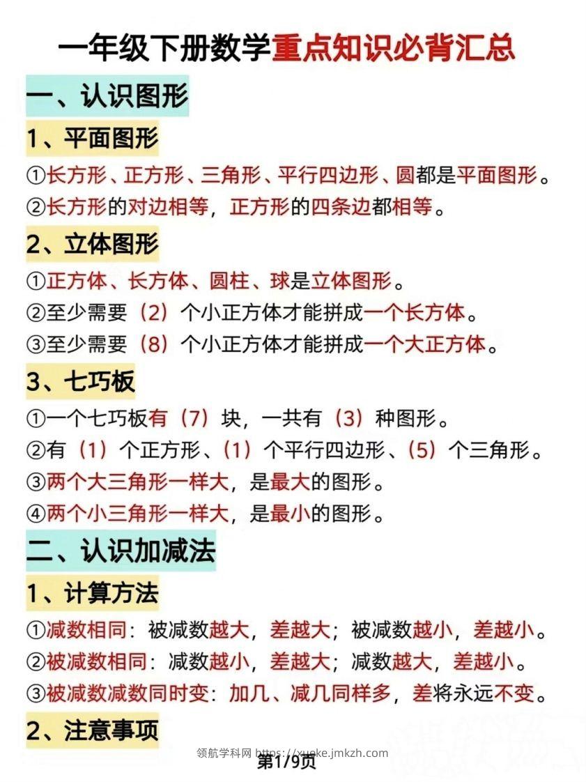 数学一年级下册必背知识点汇总（简洁版）-领航学科网