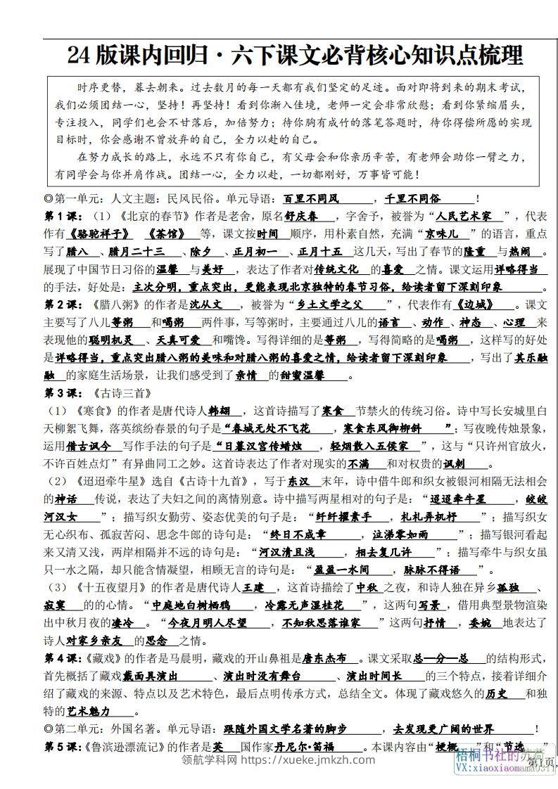 六年级下册课文必背核心知识点梳理-领航学科网