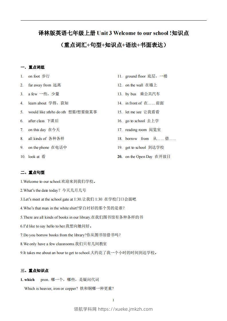 译林版英语七年级上册‬Unit3Welcometoourschool知识点_decrypted-领航学科网