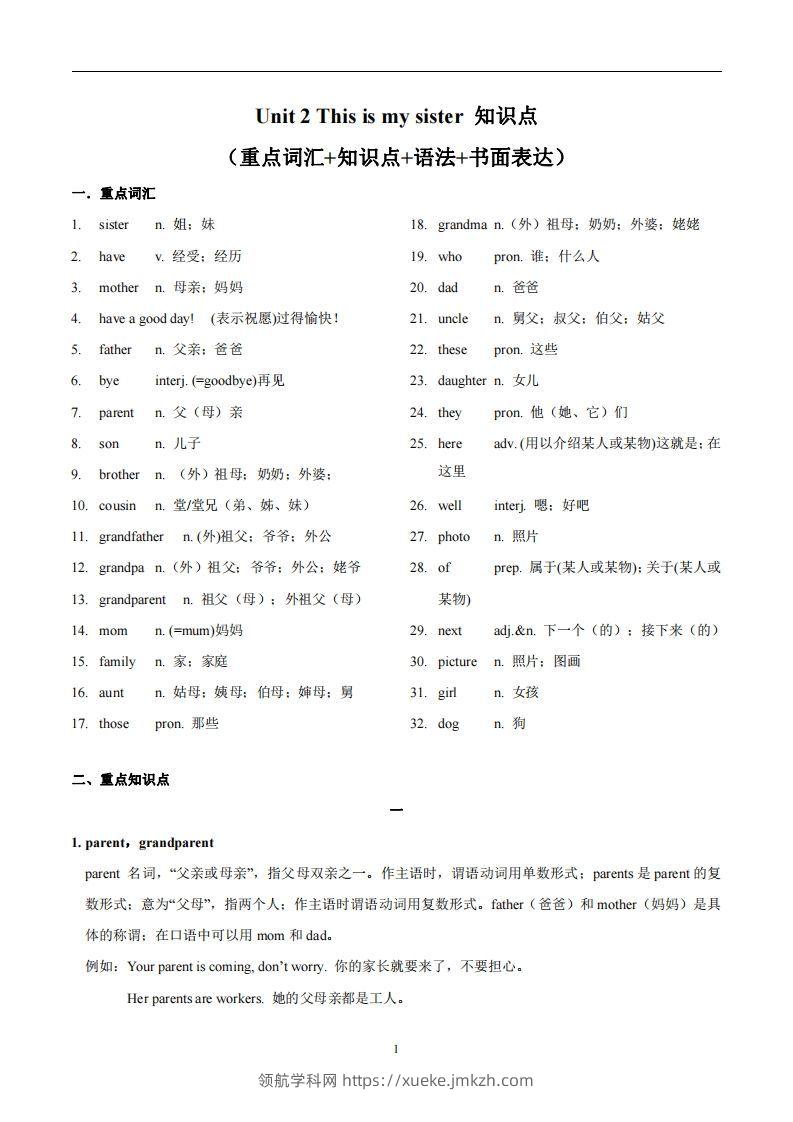 人教版英语七年级上Unit2Thisismysister.知识点_-领航学科网