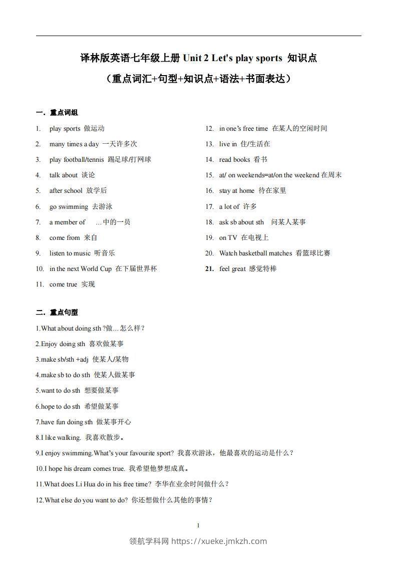 译林版英语七年级上册Unit2Let'splaysports知识点_-领航学科网