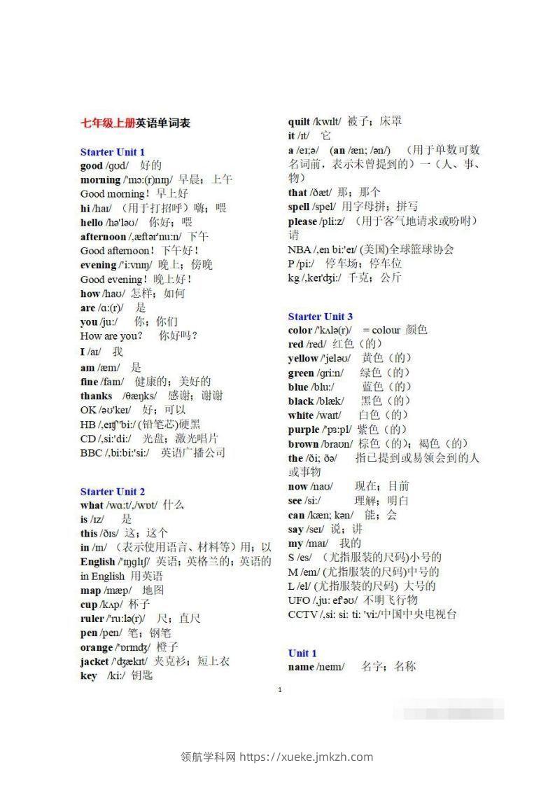 初一英语上册：全册《单词表》（分单元、带音标、词意）-领航学科网