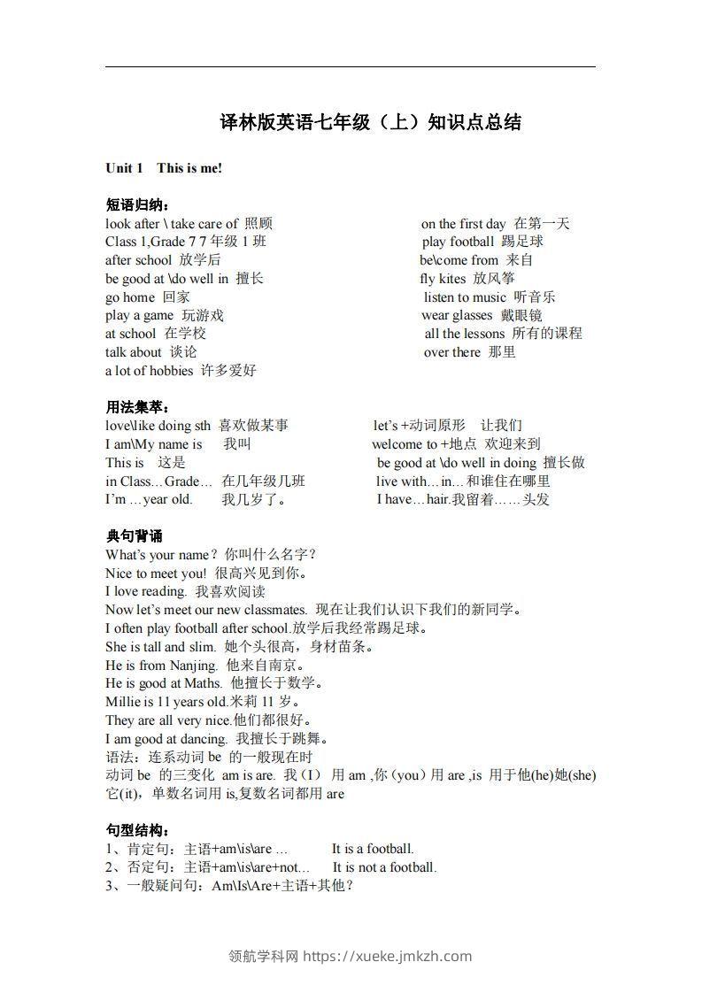 译林版英语七年级上册单元知识点总结-领航学科网