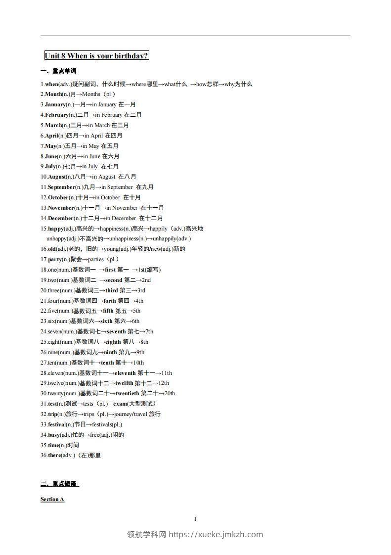 8.人教版七年级上英语Unit8复习提纲-领航学科网