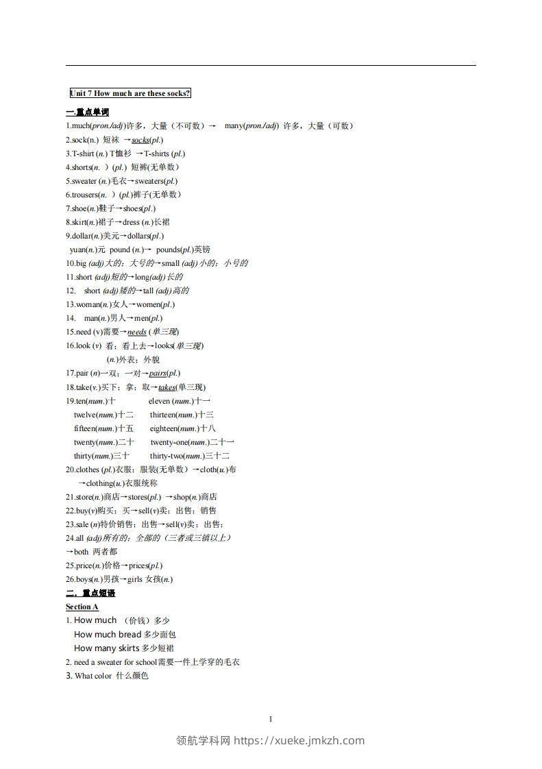 7.人教版七年级上英语Unit7复习提纲-领航学科网