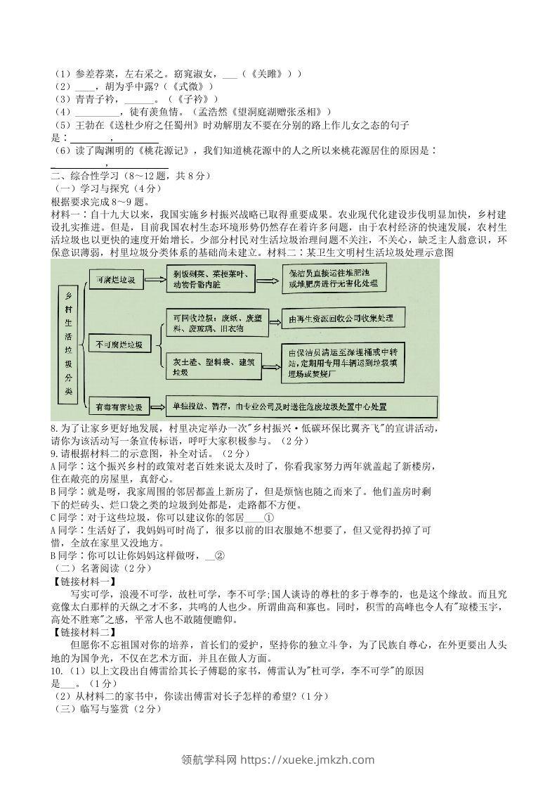 图片[2]-2021-2022学年云南省昭通市绥江县八年级下学期期中语文试题及答案(Word版)-领航学科网