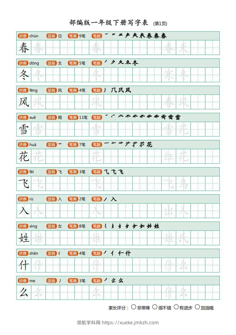 一年级语文下册写字表描红(含拼音笔顺词组)（20页）PDF（部编版）-领航学科网