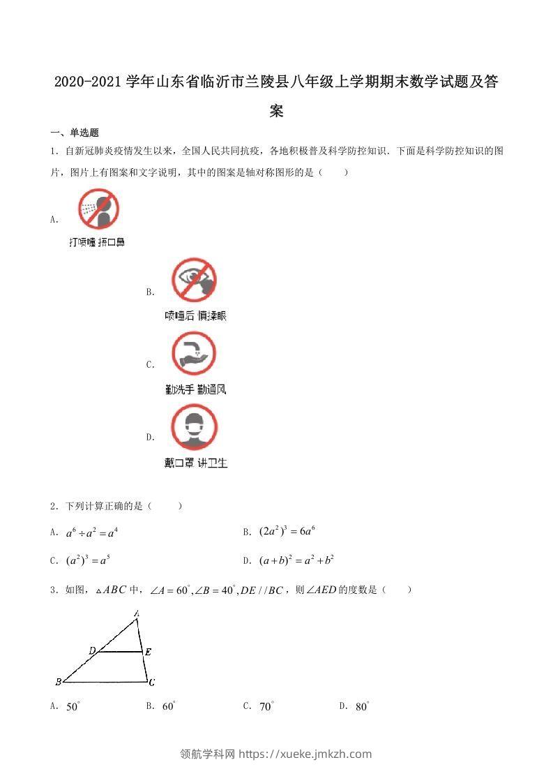 2020-2021学年山东省临沂市兰陵县八年级上学期期末数学试题及答案(Word版)-领航学科网