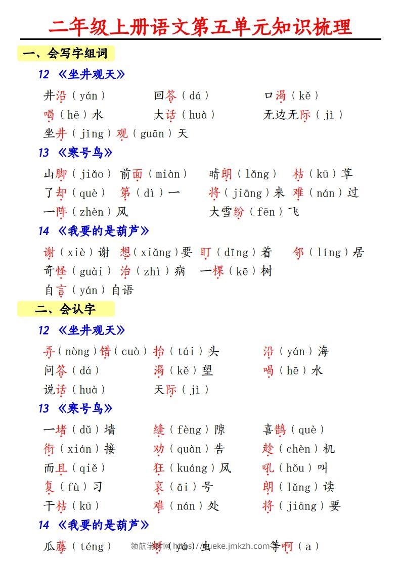【第五单元知识梳理】二上语文-领航学科网