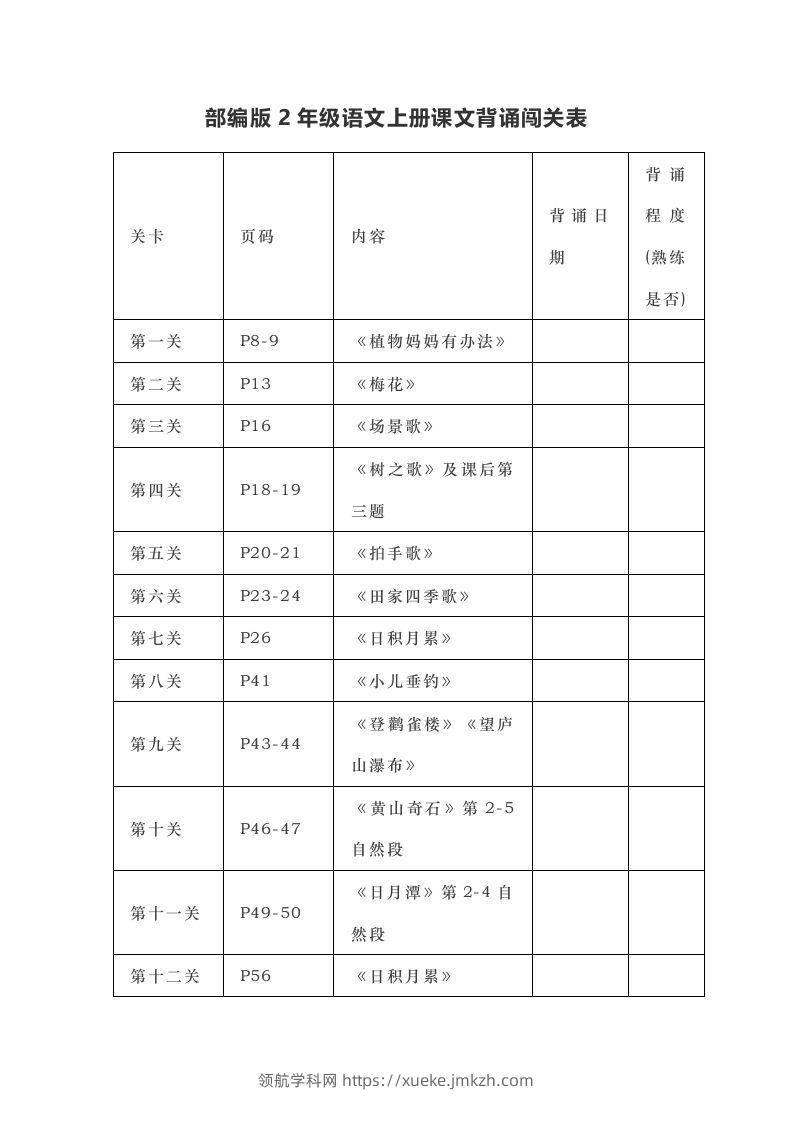 部编版二年级上册语文背诵课文内容及闯关表-领航学科网