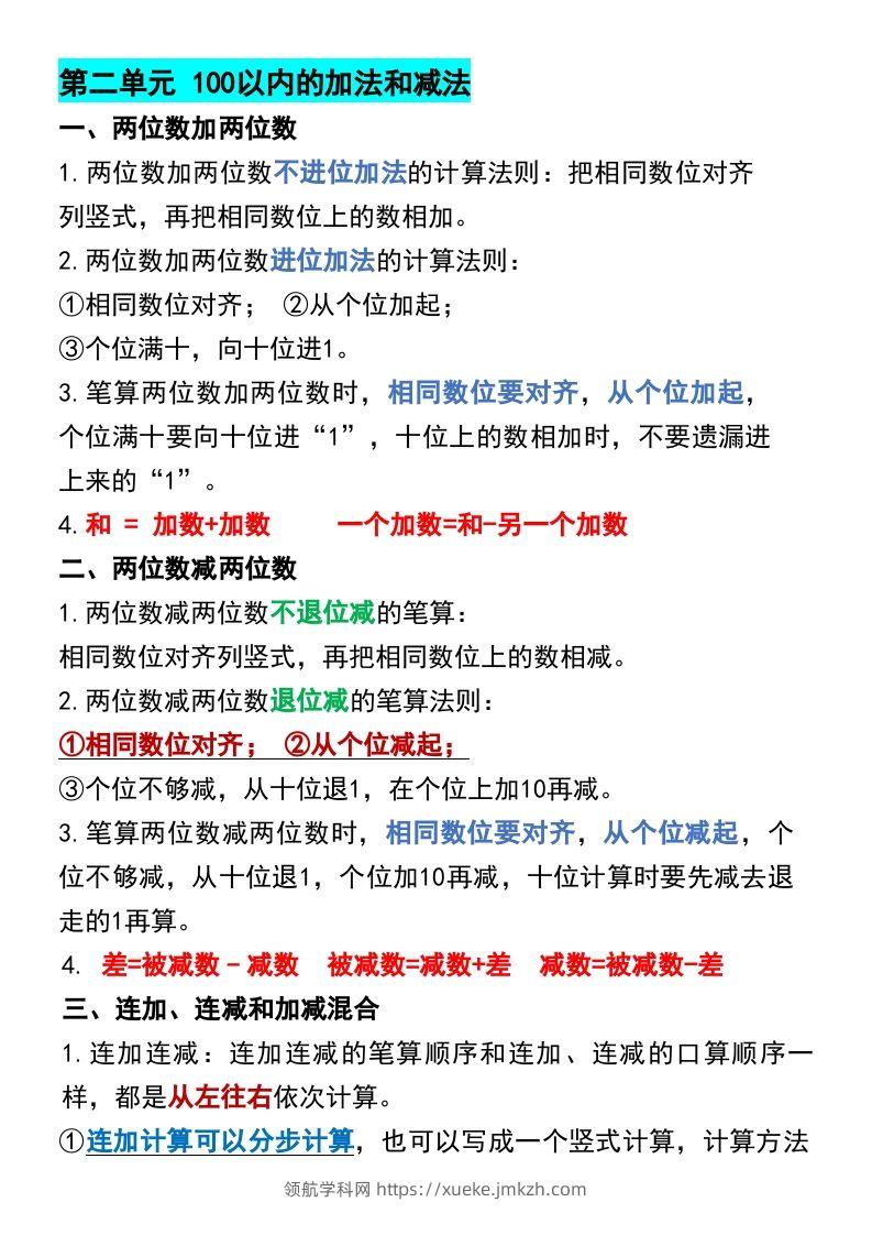 图片[2]-二年级上册数学各单元预习知识点归纳-领航学科网
