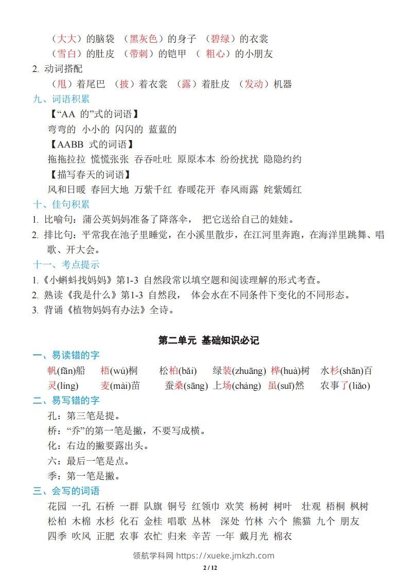 图片[2]-二年级上册语文：单元《基础知识必记》-领航学科网