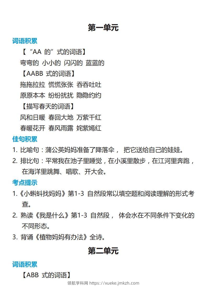 二年级语文上册词语归类积累课文佳句汇总-领航学科网