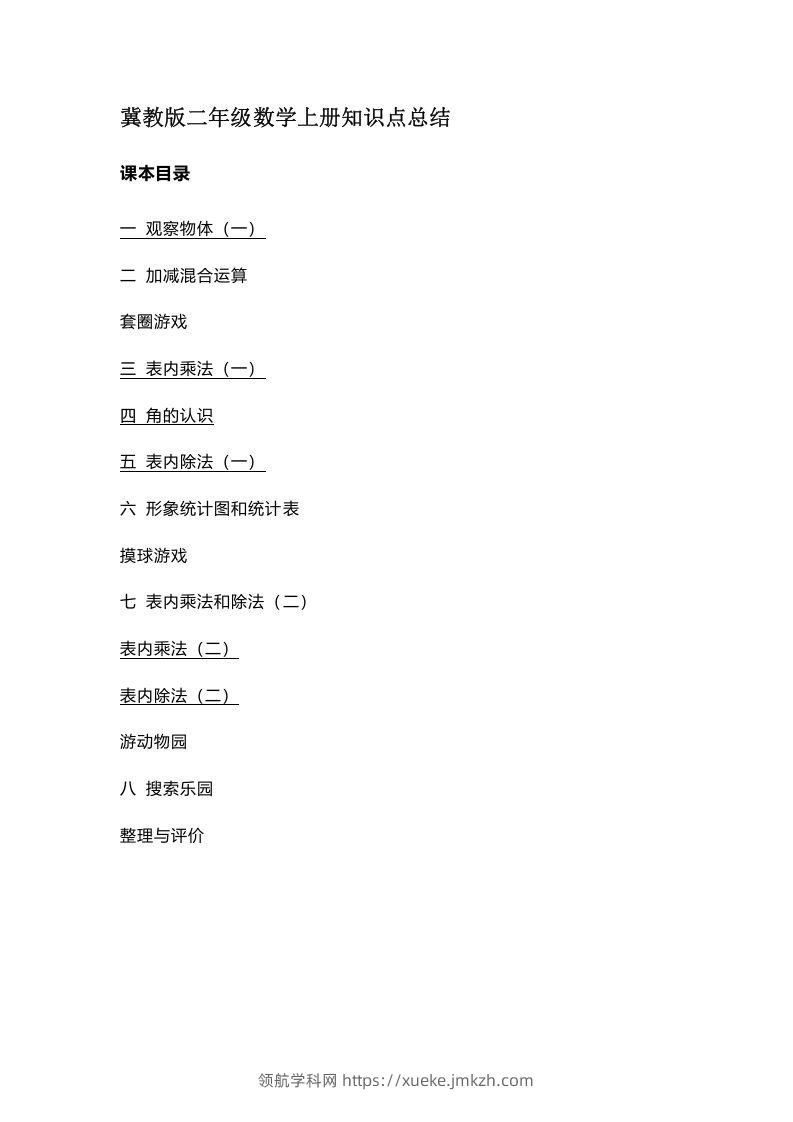 二上冀教版数学知识点汇总预习-领航学科网