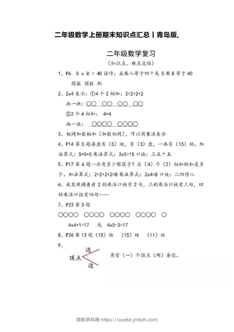 二上青岛版数学重点知识点预习()-领航学科网