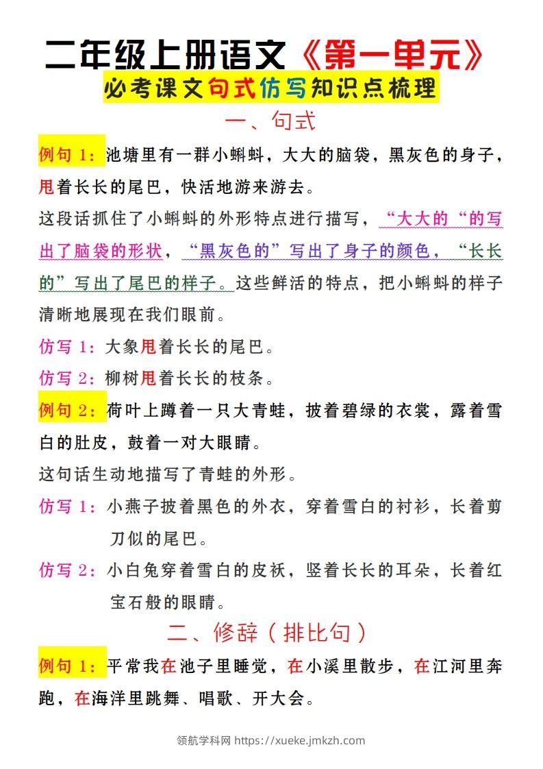 二上语文《第一单元》必考仿写句子-领航学科网
