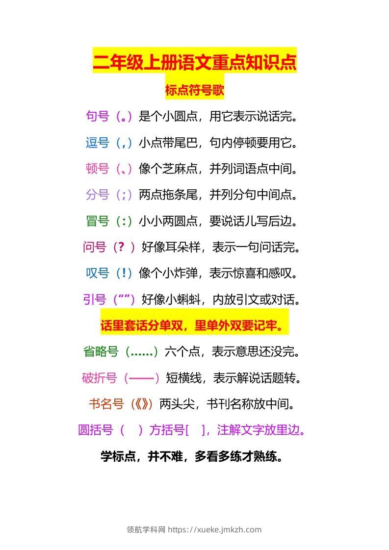 二上语文标点符号歌专项练习题-领航学科网