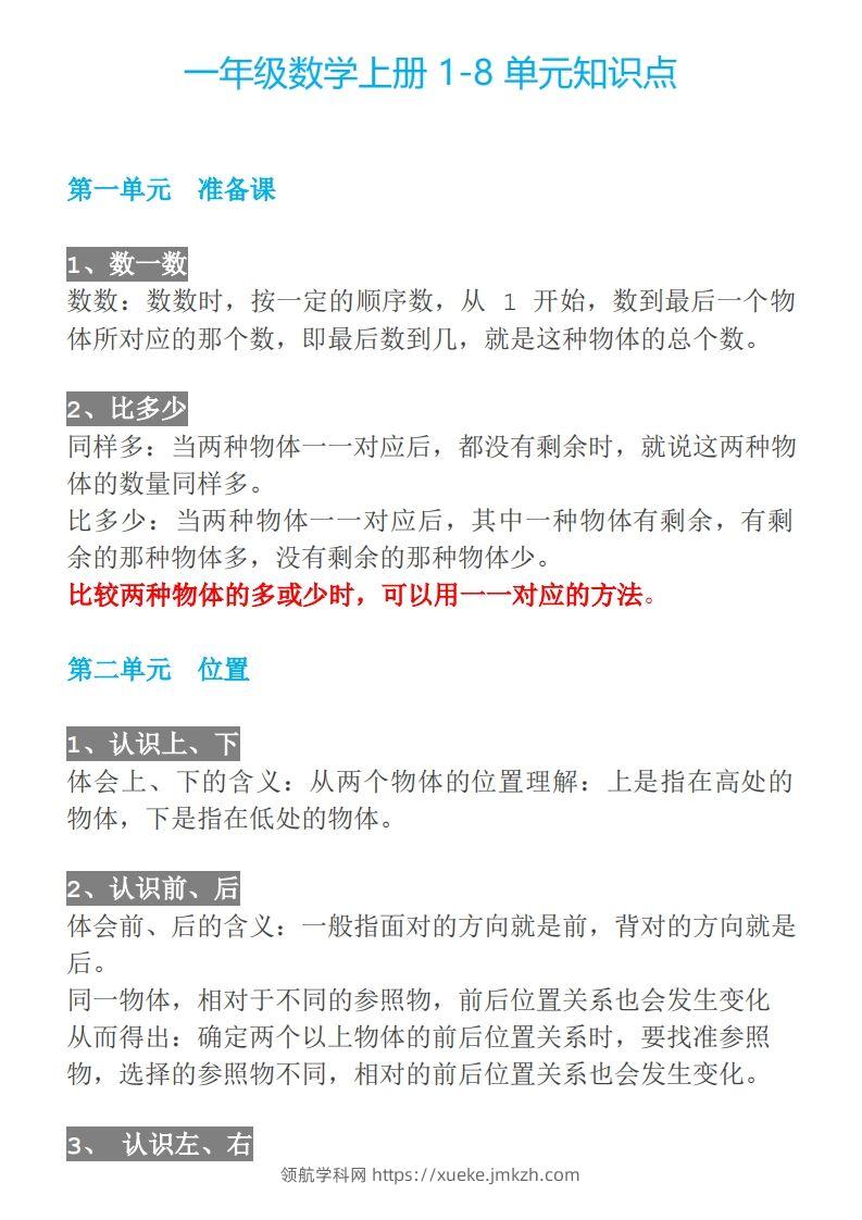 【人教一年级】数学上册必背笔记-领航学科网