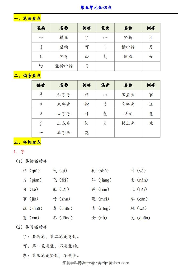 【24新教材】一上语文第5单元知识点梳理-领航学科网