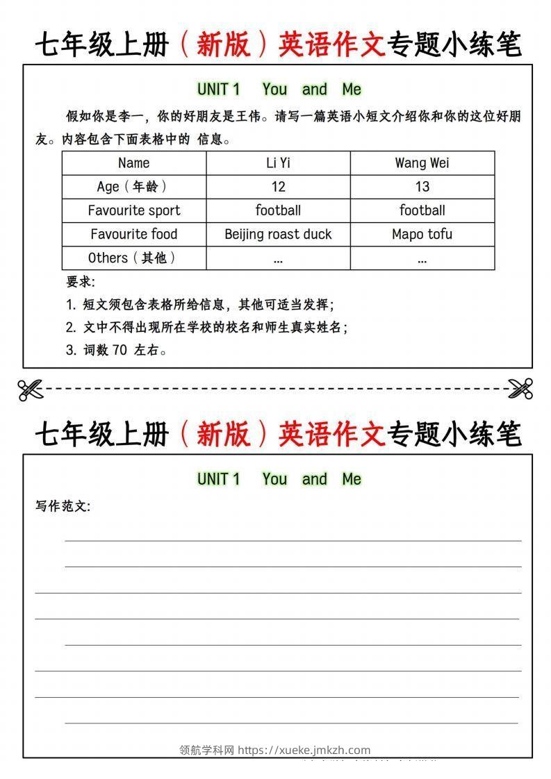 七年级上册（新版）英语作文专题小练笔挖空版-领航学科网