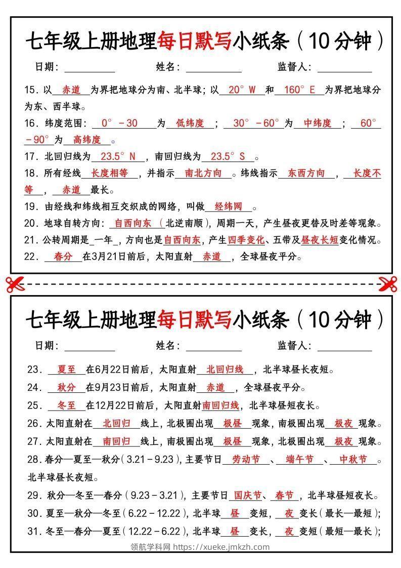 图片[2]-七年级上册地理每日默写小纸条（10分钟）-领航学科网