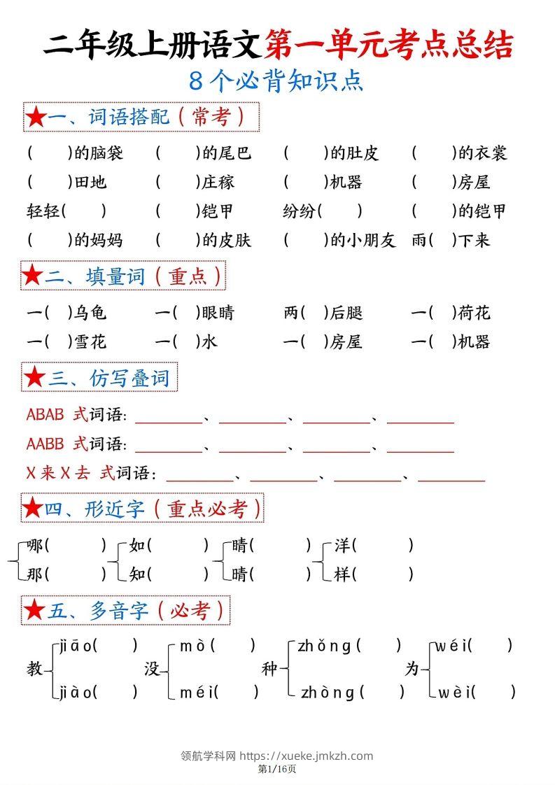 【空白版】二年级上册语文1-8单元考点总结-领航学科网