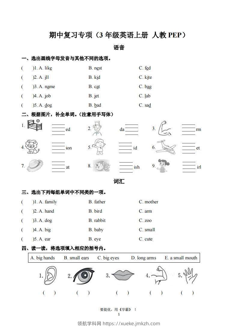 期中复习专项（三上英语人教版）-领航学科网