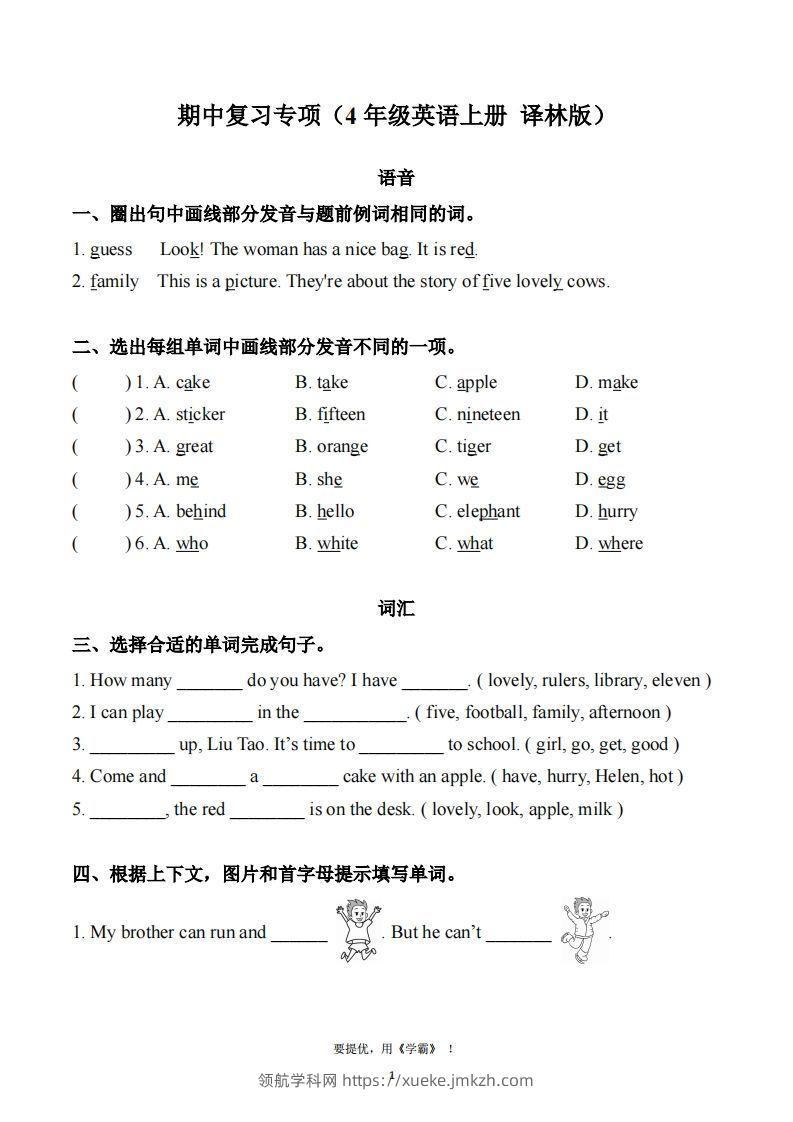 期中复习专项（四上英语译林版）-领航学科网
