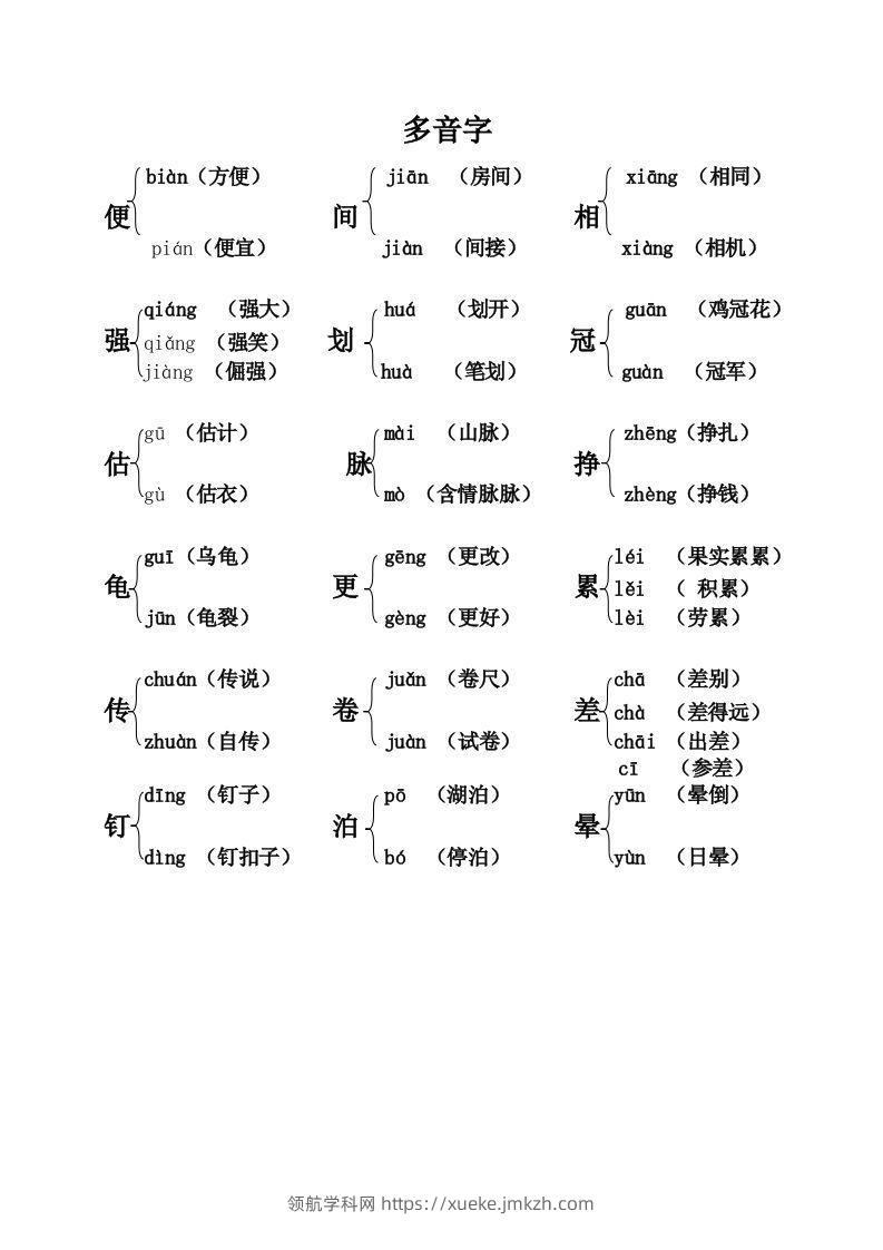 五上语文期末：课本内多音字汇总-领航学科网